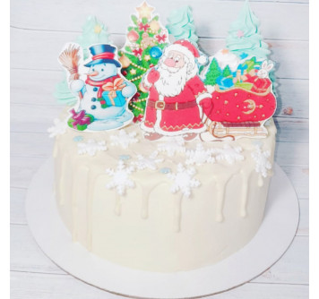 Торт с Дедом Морозом, санями и снеговиком