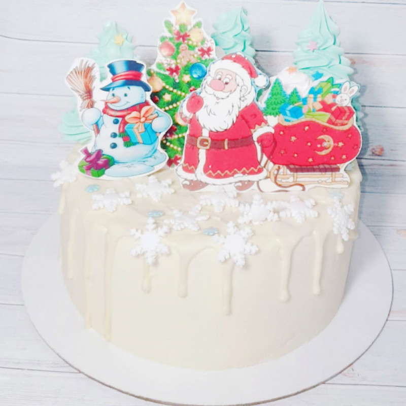 Торт с Дедом Морозом, санями и снеговиком