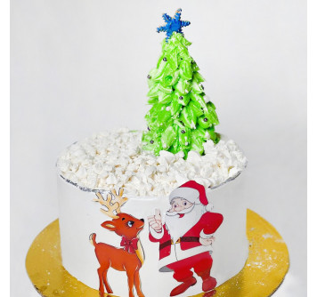 Торт Деда Мороз, олененок и елка